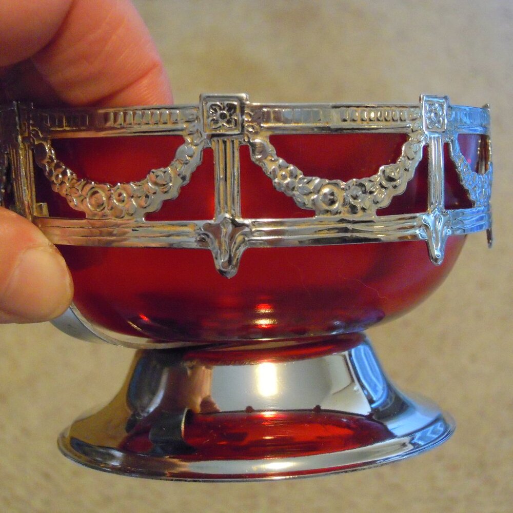 Vintage Red Amberina Glass Chrome Cream Creamer & Sugar Set Art Nouveau Deco